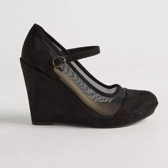 Torrid 10.5WW 10.5 Wide Sexy Black Platform Faux Suede & Mesh 4.5" Wedge Heels - Picture 2 of 3